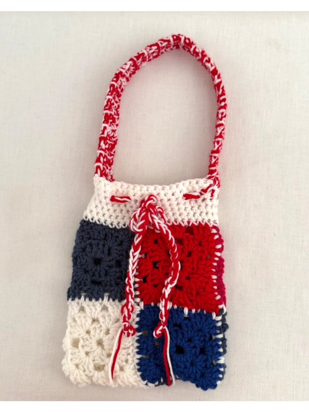 Handmade Crochet Small Shoulder Bag Granny Square Red White Blue Drawstring